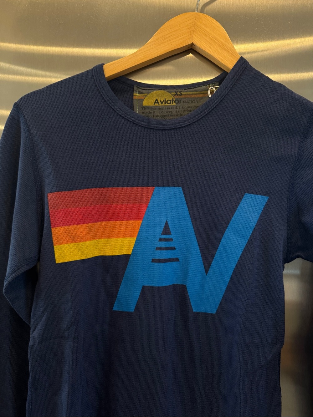 NWT Aviator Nation Thermal Waffle Shirt Logo Navy Blue Unisex Top Long Sleeve